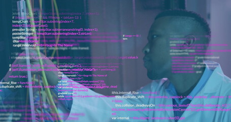 Inspecting scientist in lab coat examining wires on lab bench with code overlay, copy space
