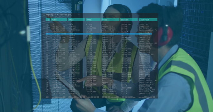 Inspecting technicians wearing hi vis vests checking server cables in server room, with clipboard