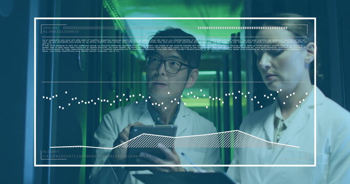 Lab-coated engineers reviewing tablet, clipboard in data center, green-lit racks and data overlay