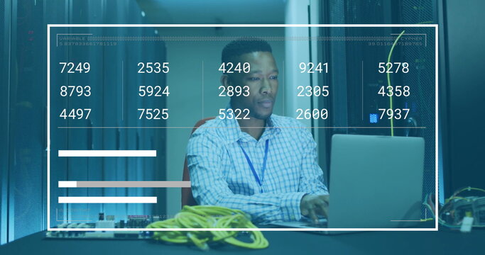 Network engineer checking laptop data in server room, with yellow Ethernet cables and data overlay