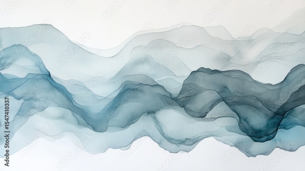Poster Abstract ink washes in blue and grey creating serene wave forms