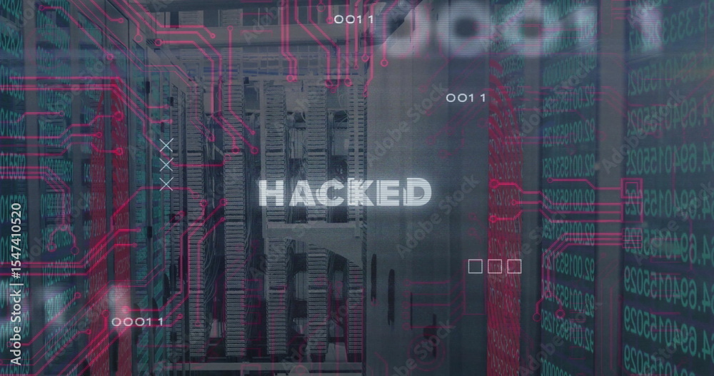 Poster displaying hacked text over server racks in data center, with neon red circuitry and green code