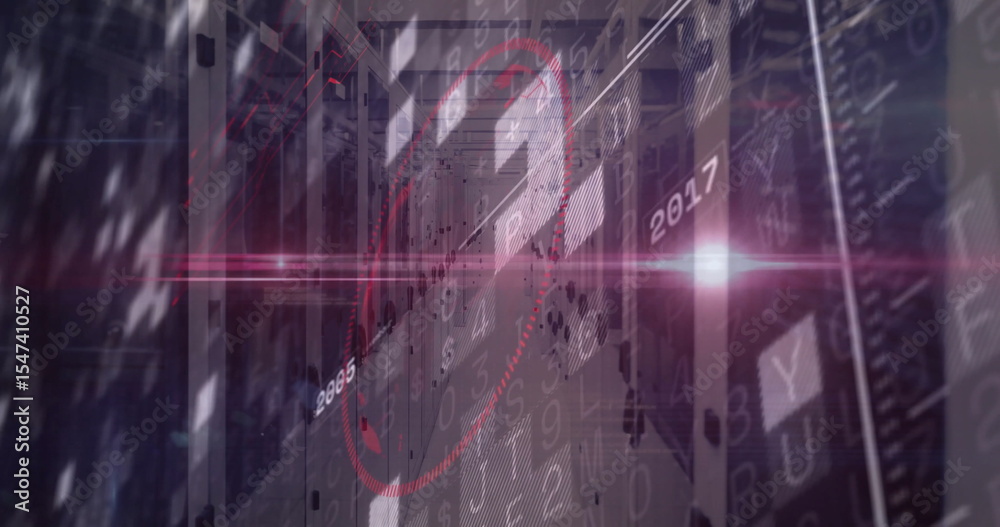 Poster displaying red circular hologram hovering over server rack aisle in data center, with floating data