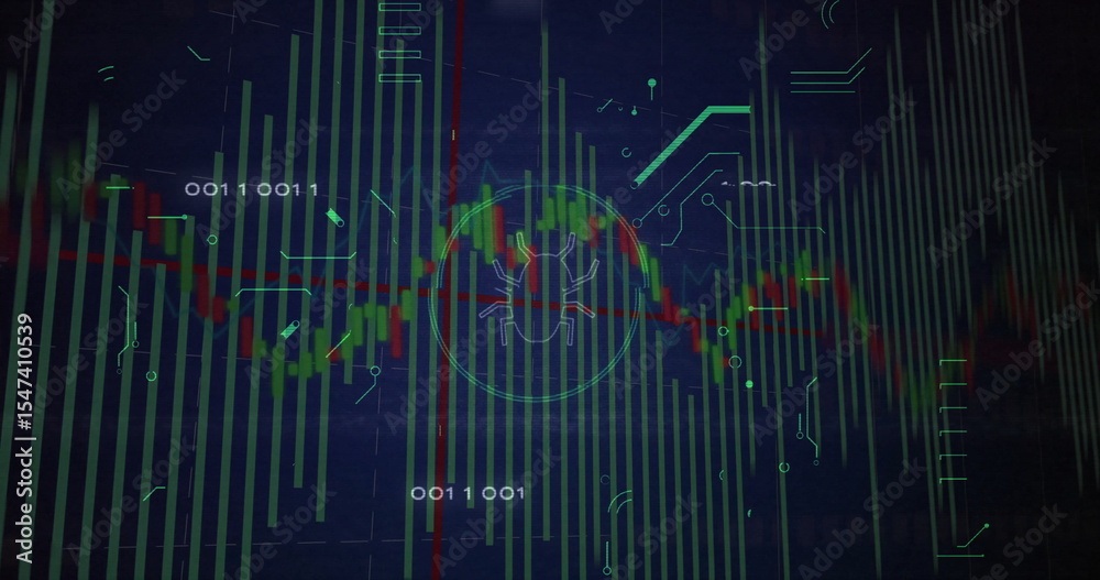 Poster highlighting bug icon within circular target overlay on dashboard, with bar chart trend line