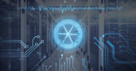 Glowing circular HUD floating in data center aisle, with server racks, circuit traces, waveform