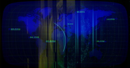 Displaying world map interface on computer screen, with grid, numeric readouts, bars, blue arc
