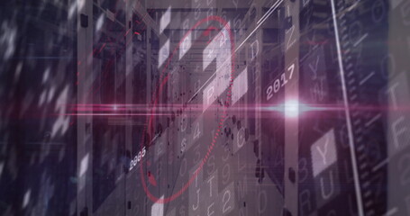 Displaying red circular hologram hovering over server rack aisle in data center, with floating data