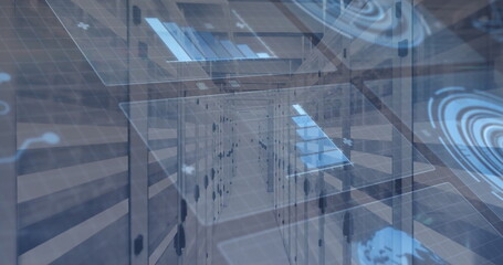 Displaying corridor with tunnel view at network hub, featuring server racks and translucent panels