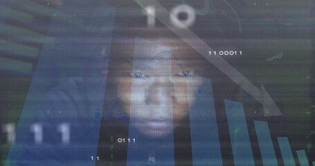 Overlaying adult male face over high-tech data interface, with bar charts, arrow, binary streams © vectorfusionart