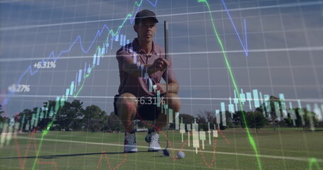 Positioning male golfer crouching on putting green, with putter behind ball and candlestick chart