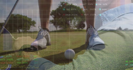 Aligning male golfer's shoes for putting on golf course green, with golf ball, data overlay