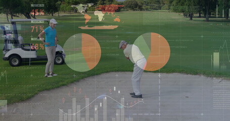 Swinging golfer hitting ball from sand bunker at golf course, with golf club and data graphics