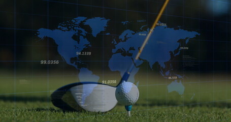 Showing club head striking golf ball on tee on fairway, with map overlay and data labels