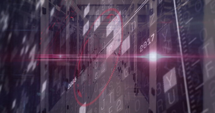 Displaying red circular hologram hovering over server rack aisle in data center, with floating data