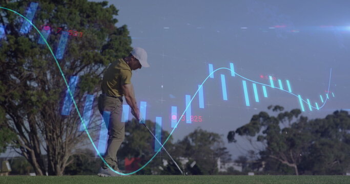 Preparing golf swing, golfer gripping club on fairway, with candlestick bars and trendline overlay - Powered by Adobe
