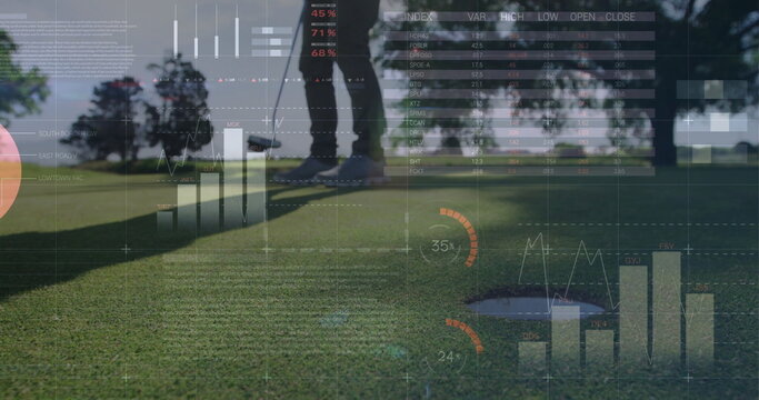 Preparing golfer aligning putter near golf ball hole flagstick on golf green with digital overlays - Powered by Adobe