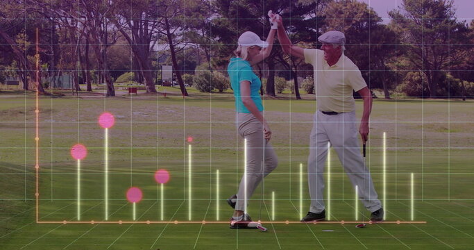 Celebrating couple wearing polo shirts high-fiving on golf green, with golf putter and data overlay