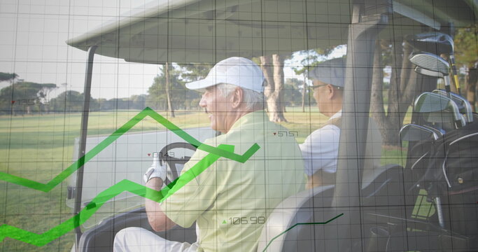 Driving golfers wearing polo shirts on fairway in golf cart with golf bag, green chart overlay