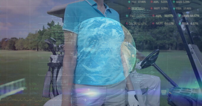 Standing woman wearing blue polo beige pants on golf fairway, with cart, clubs and digital overlays - Powered by Adobe