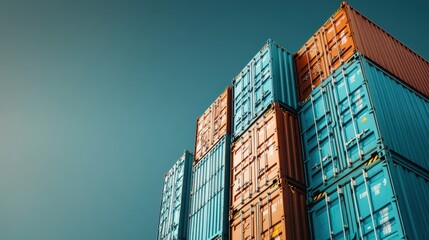 Fototapeta premium An artistic composition of stacked shipping containers against a bright, clear sky, showcasing the vibrant colors and patterns symbolizing trade and global commerce.