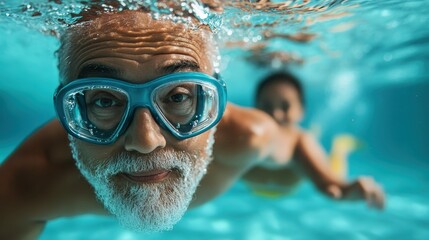 Fototapeta premium This captivating underwater photo captures a joyful grandfather in swim gear, showcasing a fun moment with a sense of adventure and connection in the water.