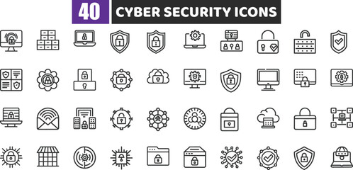 Cyber Security Icons Vector Set – Protection, Lock, Data, Network, Digital Safety
