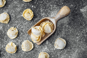 Wooden scoop with flour covered raw cappelletti pasta on dark background