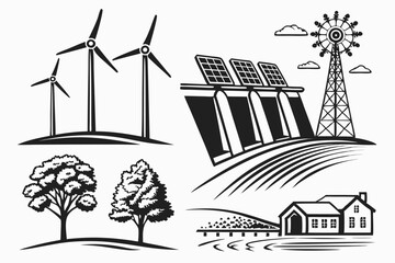 Obraz premium Windmills and solar panels generate renewable energy on a farm