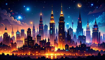 Fototapeta premium Night Cityscape: A Vibrant Metropolis Under a Starry Sky