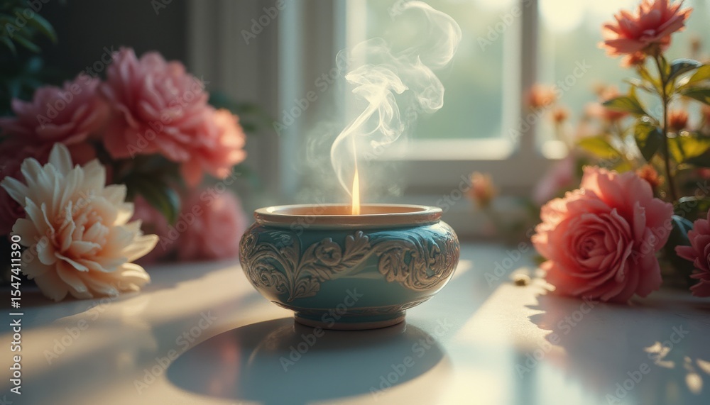 Poster candle burning in ornate container with flowers by window