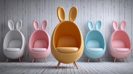 Pastel-colored egg-shaped kidsâ€™ chair with bunny ear backrest on playful blurred white background