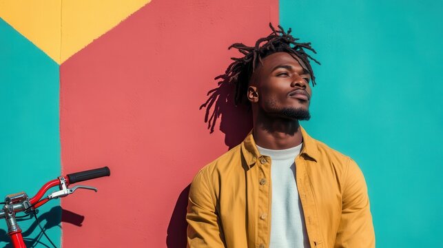 A young man with dreadlocks stands confidently against a colorful geometric mural, showcasing a bold sense of style and individuality in an urban setting.