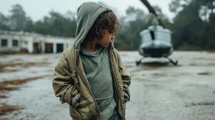 A young child gazes pensively in a desolate helicopter yard, enveloped in a moody atmosphere, reflecting themes of solitude and resilience in a post-apocalyptic landscape.