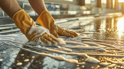A close-up of a person's hands in yellow gloves cleaning a surface with soapy water, emphasizing the importance of cleanliness and hygiene in daily life through a vibrant afternoon light.