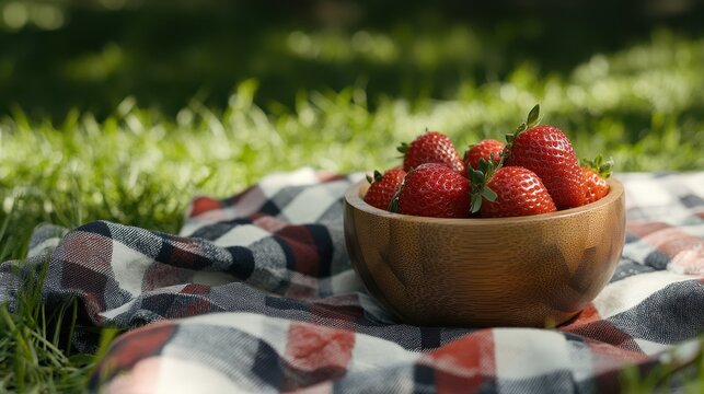 Fresh strawberries in a wooden bowl on a picnic outdoors
