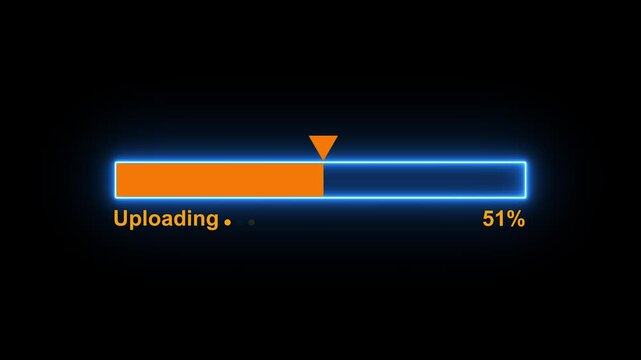 Neon Uploading bar arrow pointing animation on black background. processing line motion. Animated from 0 to 100%. uploading progress bar 4k video footage.