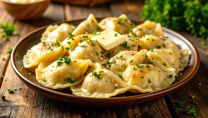 Delicious plate of freshly cooked pierogi garnished with parsley and butter on rustic wooden table