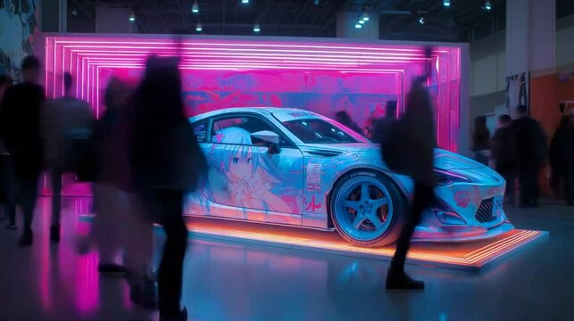itasha sports car exhibition wrapped with cute anime girl decoration surrounded with neon lights and people walking around in fast motion