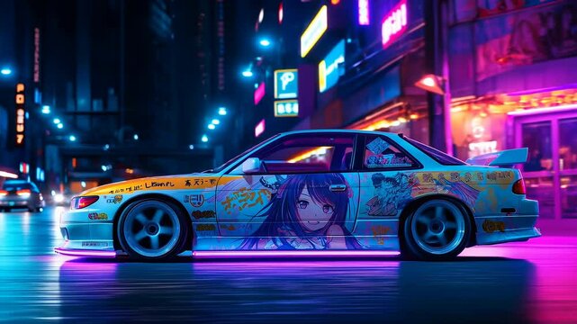 Itasha sports car wrapped with cute anime girl posing sticker, driving surrounded with neon lights night city