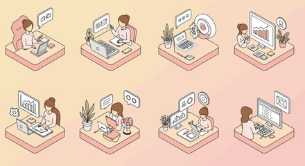 Successful Women Working Remotely on Laptops and Desktops Doing Business Analysis and Marketing, silhouette