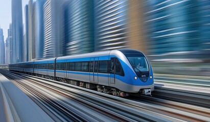 Naklejka premium Modern light blue and grey metro train in motion against a blurry backdrop of Dubai skyscrapers