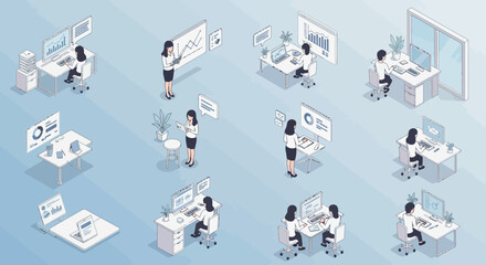 Modern Businesswomen Working on Data Analysis and Presentations in a Collaborative Office Setting, silhouette