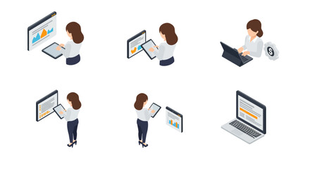 Businesswoman Working on Laptop Tablet Data Analysis Graphs Charts