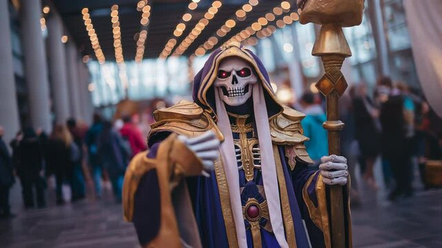 Anime cosplayer in skeleton magician costume posing at a convention