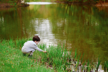young boy exploring nature by pond, crouching amidst lush green grass, reflecting childhood...