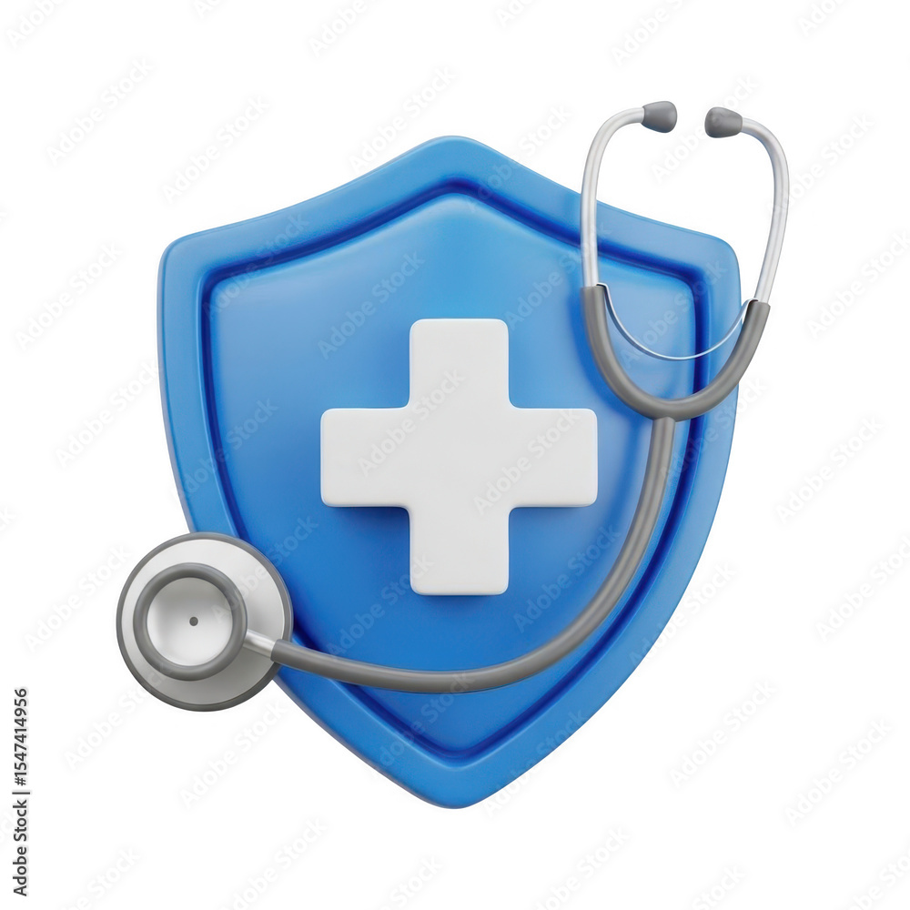 Fototapete 3d icon of a blue shield with a white cross and a stethoscope isolated on transparent background