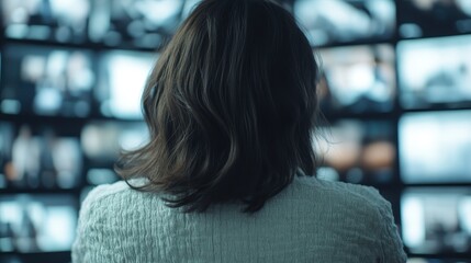 A woman with long hair sits in front of multiple screens, reflecting the modern digital era's impact on human connection, technology, and the complexities of information overload.