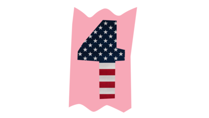 A stylized number four, decorated with the American flag design, on a pink background.