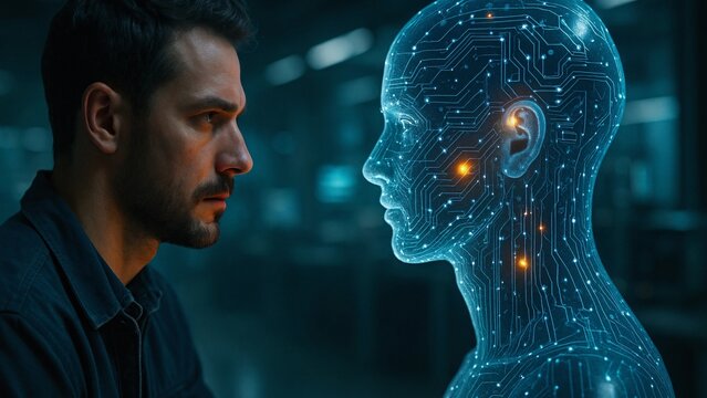 Observing a holographic projection of a human head made of intricate circuitry and glowing nodes in a dark technological environment, highlighting advancements in ai and human-computer interaction