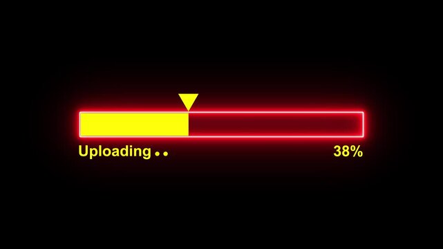 Neon Uploading bar arrow pointing animation on black background. processing line motion. Animated from 0 to 100%. uploading progress bar 4k video footage.